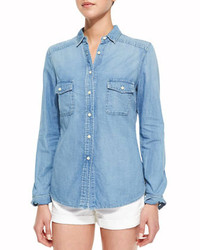 Neiman Marcus Cusp By Double Pocket Chambray Shirt Light Marble