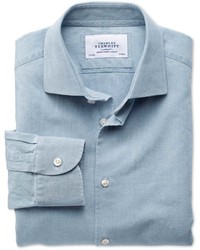 Charles Tyrwhitt Slim Fit Semi Spread Collar Business Casual Chambray Denim Blue Cotton Dress Shirt Single Cuff Size 1533 By