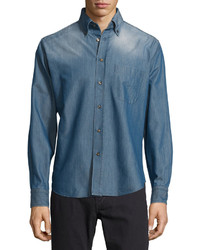 Brioni Button Front Chambray Dress Shirt Blue Solid