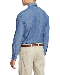 Neiman Marcus Chambray Long Sleeve Sport Shirt Dark Blue