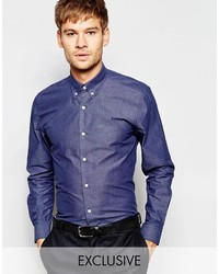 Number Eight Savile Row Chambray Shirt With Button Down Collar In Skinny Fit