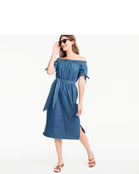 J.Crew Petite Off The Shoulder Chambray Dress With Tie Waist