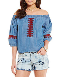C V Chelsea Violet Off The Shoulder Chambray Embroidered 34 Sleeve Top
