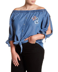 Want Need Off The Shoulder Chambray Patch Blouse