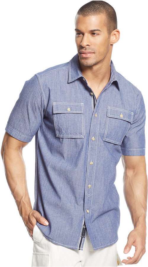 Sean John Short Sleeve Chambray Shirt, $49 | Macy's | Lookastic