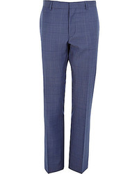 River Island Blue Check Wool Blend Slim Suit Pants