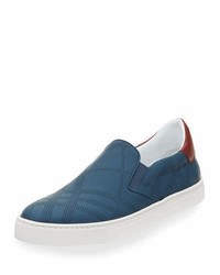 Burberry Copford Perforated Check Leather Slip On Sneaker Dark Mineral Blue