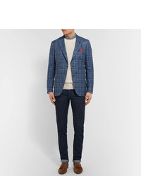 Isaia Blue Slim Fit Checked Wool Linen And Silk Blend Blazer