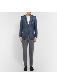 Isaia Blue Slim Fit Checked Wool Linen And Silk Blend Blazer