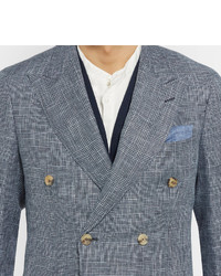 Richard James Blue Spirit Slim Fit Double Breasted Checked Linen And Wool Blend Blazer