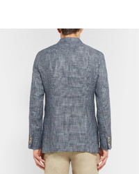 Richard James Blue Spirit Slim Fit Double Breasted Checked Linen And Wool Blend Blazer