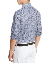 Ermenegildo Zegna Floral Check Linen Cotton Sport Shirt Navy