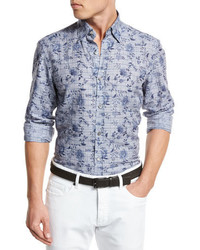 Ermenegildo Zegna Floral Check Linen Cotton Sport Shirt Navy