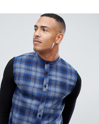 Siksilk Grandad Collar Check Shirt In Blue With Jersey Sleeves To Asos