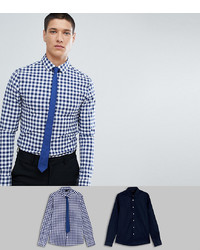 ASOS DESIGN Skinny 2 Pack Navy Plain Check Shirt With Navy Tie