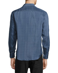 Armani Collezioni Windowpane Fine Stripe Silk Sport Shirt Blue