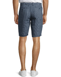 Neiman Marcus Check Print Linen Shorts Blue