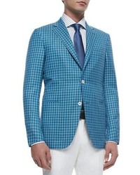 Ermenegildo Zegna Check Wool Silk Two Button Jacket Blue
