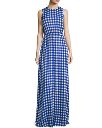 Diane von Furstenberg Check Print Sleeveless Cinched Waist Maxi Dress Blue