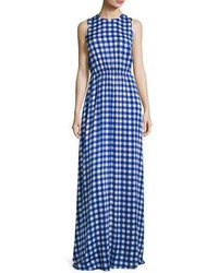 Diane von Furstenberg Check Print Sleeveless Cinched Waist Maxi Dress Blue