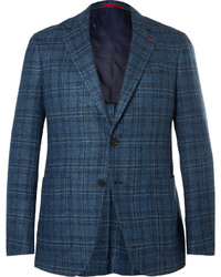 Isaia Blue Checked Wool And Silk Blend Blazer
