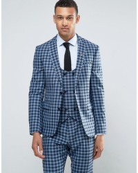 Asos Slim Suit Jacket In 100% Wool Blue Check