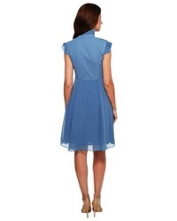 Adrianna Papell Chiffon Fit And Flare Dress With Pleated Ruffle Collar V Neckline Dress
