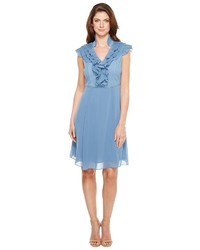 Adrianna Papell Chiffon Fit And Flare Dress With Pleated Ruffle Collar V Neckline Dress