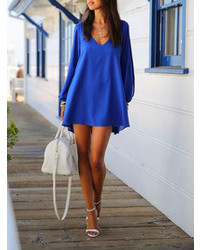 Choies Blue Chiffon Shift Dress With Slip Sleeves