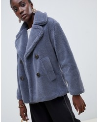 Warehouse Double Breasted Teddy Coat In Blue