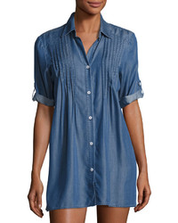 Tommy Bahama Cotton Chambray Pintuck Tunic Coverup Blue