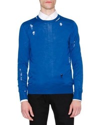 Alexander McQueen Distressed Crewneck Sweater Blue