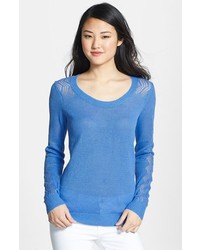NYDJ Pointelle Detail Linen Cotton Sweater Sky Blue Large