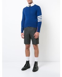 Thom Browne Short Crewneck Pullover With 4 Bar Stripe In Blue Cashmere
