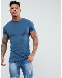 ASOS DESIGN Longline Muscle Fit T Shirt With Bound Curved Hem In Blue