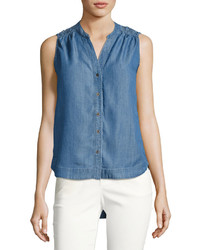 Chelsea & Theodore Sleeveless High Low Button Front Top Blue