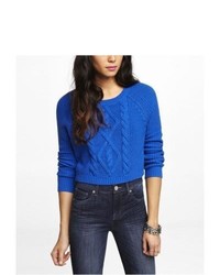 Express Cropped Mixed Stitch Crew Neck Sweater Blue Large