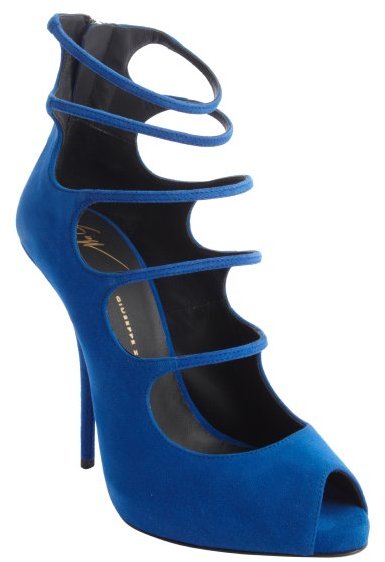 Giuseppe Cobalt Blue Suede Strap Out Peep Toe Pumps, $499 Bluefly | Lookastic