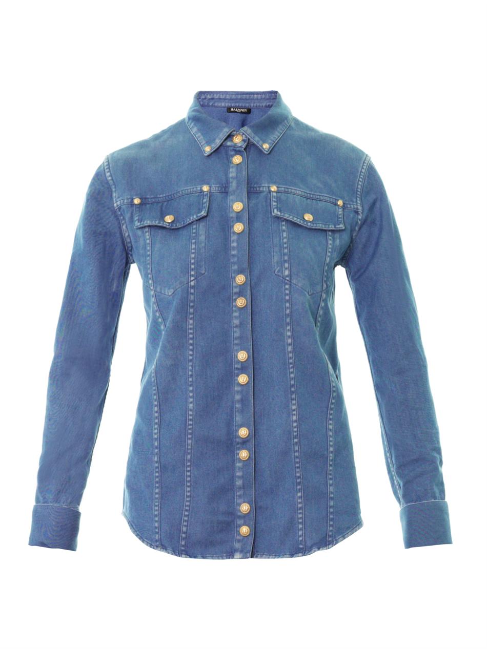 BALMAIN: denim overshirt - Blue  Balmain shirt BH1HC088DD27 online at