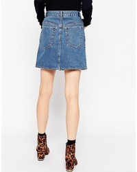 Asos Collection Denim Dolly Button Through Skirt In Mid Wash Blue