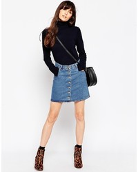 Asos Collection Denim Dolly Button Through Skirt In Mid Wash Blue
