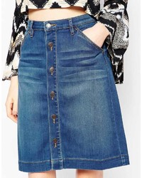 Dittos Emma High Rise Button Front Denim Skirt In 70s Blue