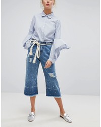 Current Air Wide Leg Cropped Jean With Unravelled Hems And Pearl Embellisht