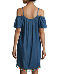 Neiman Marcus Cold Shoulder Tassel Trim Denim Dress Blue