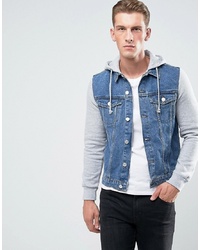 New Look Denim Jacket With Jersey Sleeves In Mid Wash