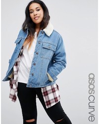 Asos Curve Curve Denim Cropped Jacket In Blue With Borg