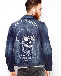Asos Denim Jacket With Stud And Skull Print Detail Blue