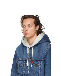 Levis Blue Denim Sherpa Hooded Long Trucker Jacket 109 SSENSE Lookastic