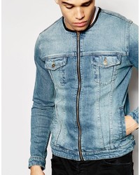 Asos Brand Collarless Denim Jacket In Mid Blue Wash