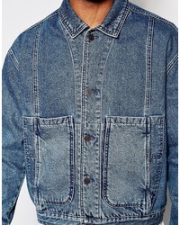 Asos Brand Denim Worker Jacket In Blue Mid Wash